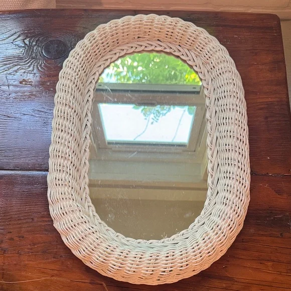 Vintage White Wicker Oval Wall Mirror - Picture 1 of 7